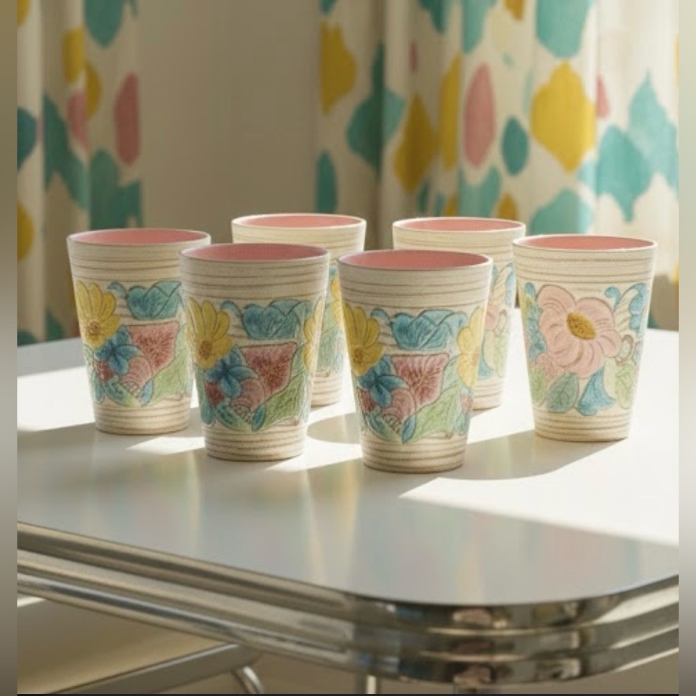 Vintage Doris Mid-Century Floral Ceramic Drinkware Tumblers Set of 6